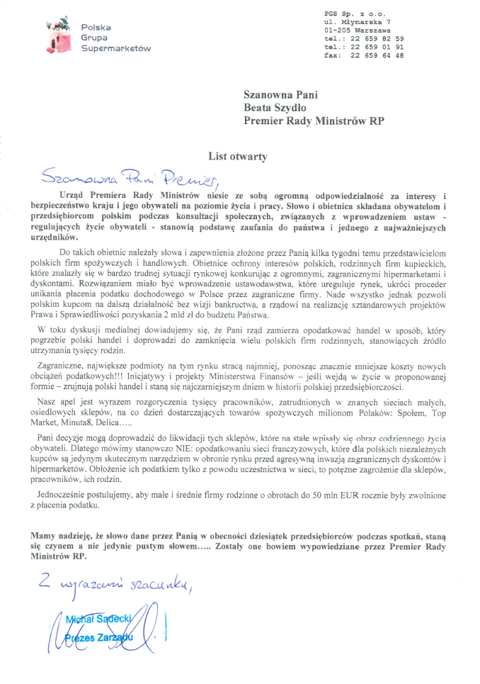 Aktualności - List do premier Beaty Szydło, Polska Grupa Supermarketów PGS